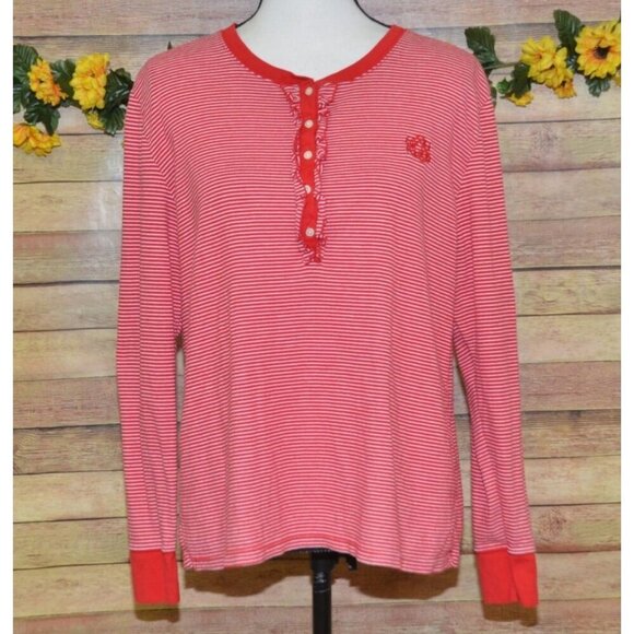 Ralph Lauren Ladies XL Long Sleeve Knit Top Red White Striped Ruffle Half Button - Picture 1 of 8